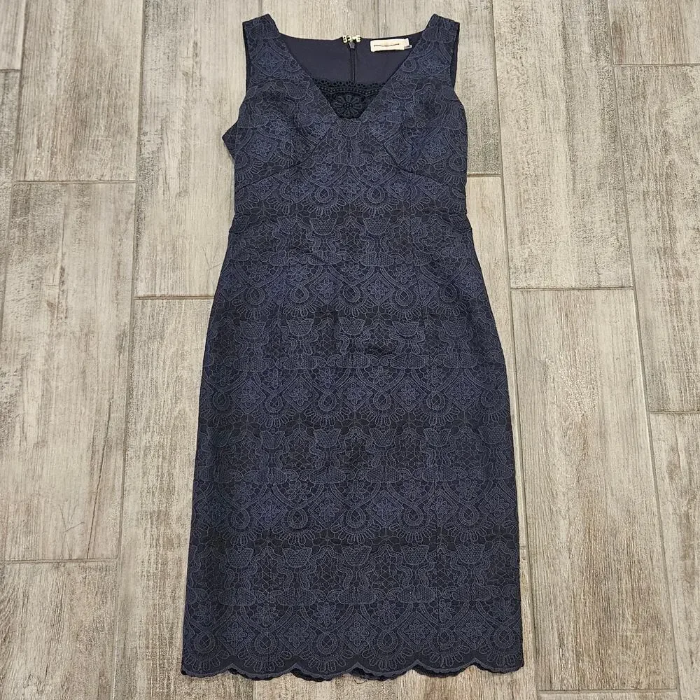 Tory Burch Dress Womens Size 4 Navy Blue Lace Pencil V Neck Strapless Lined Slit